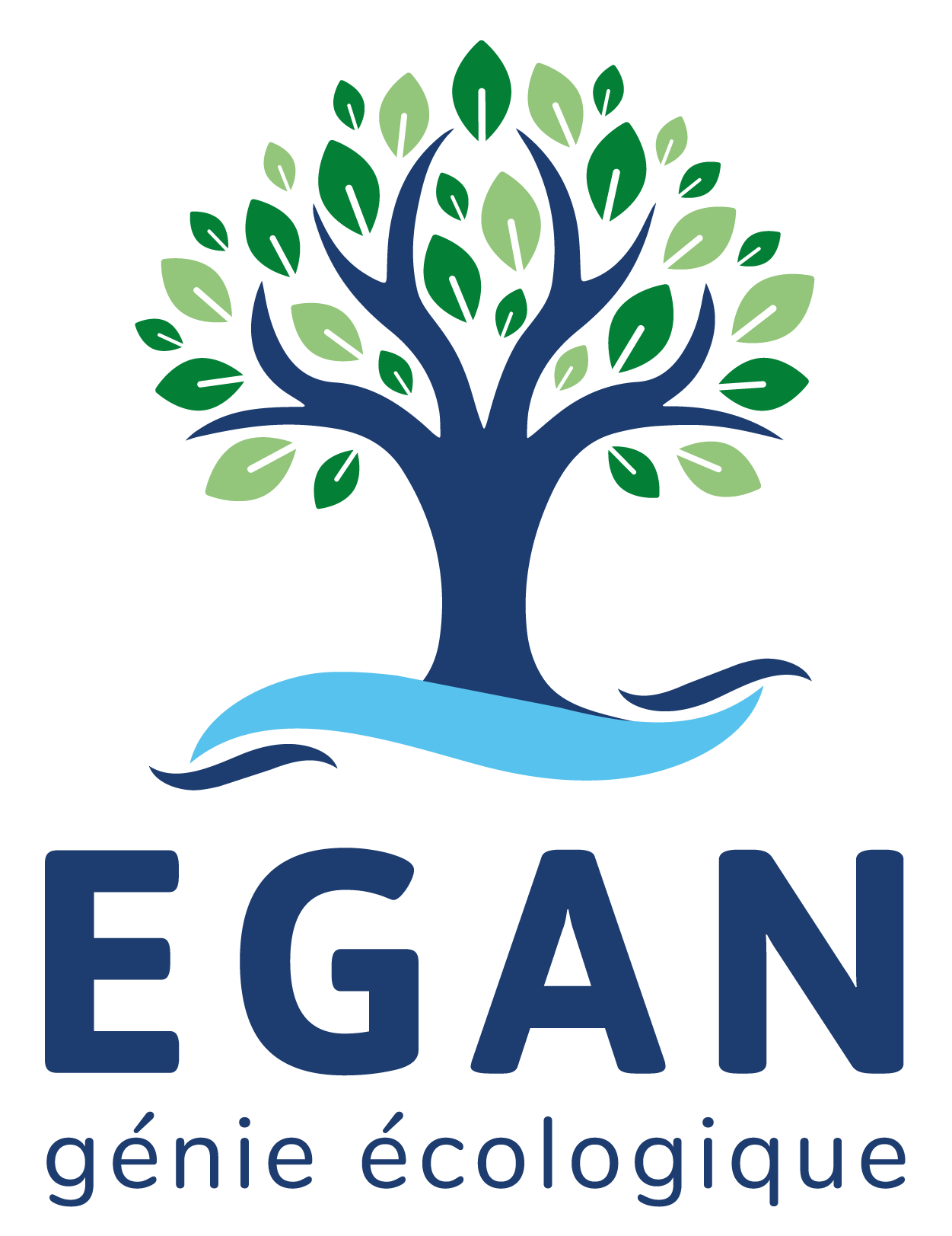 Logo représentant un arbre et à ses pieds un cours d'eau, avec pour texte "EGAN génie écologique"